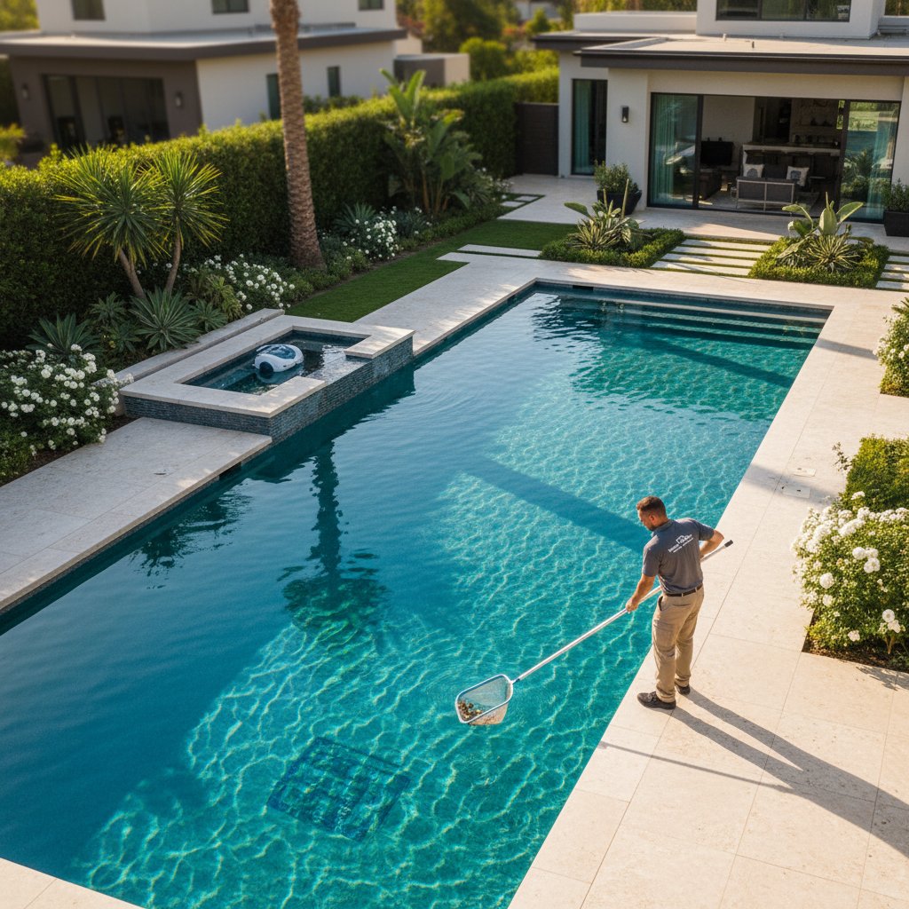 Private swimming pool with clear water showing maintenance equipment and chemical containers